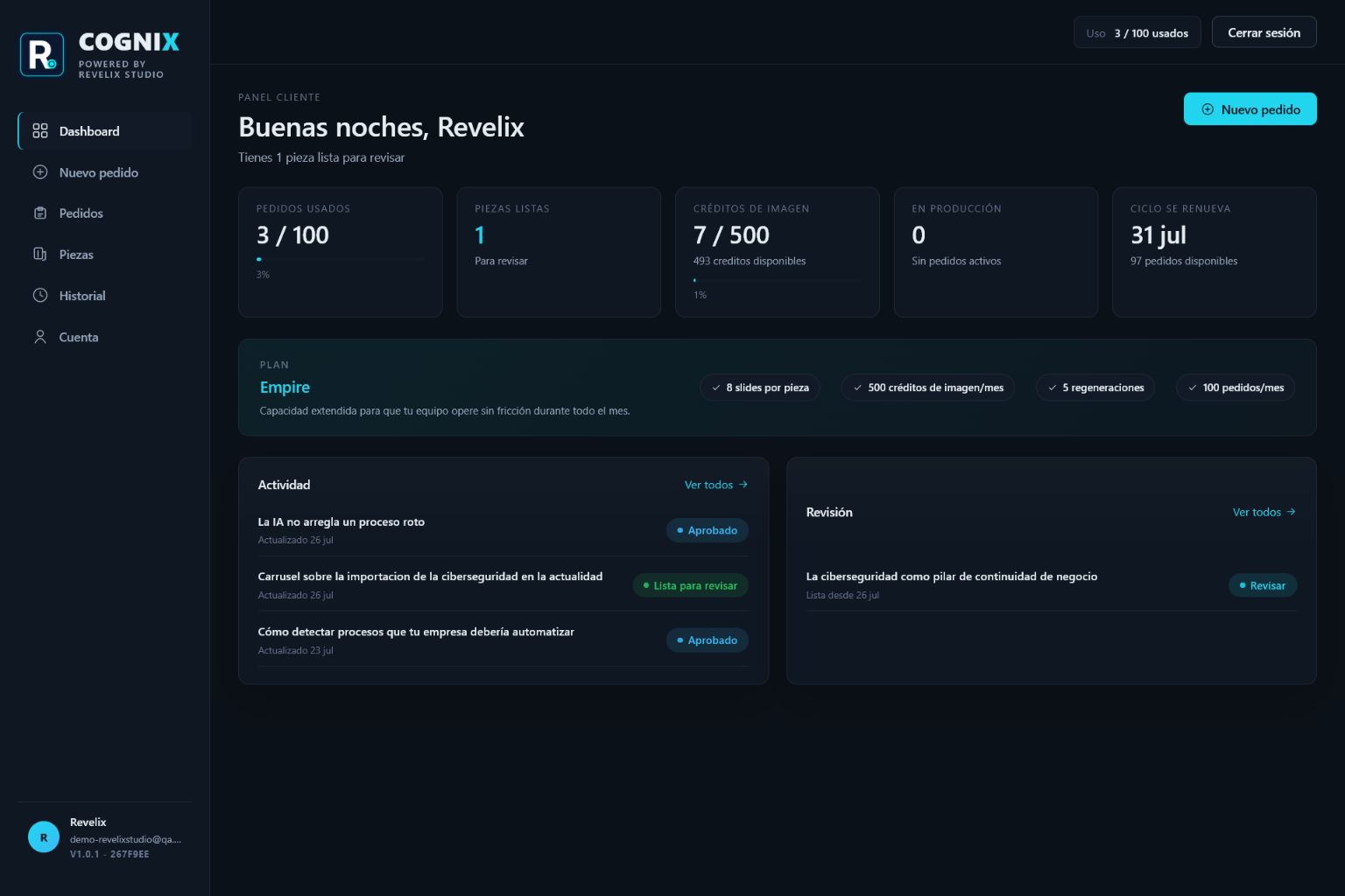 Dashboard real de COGNIX en un entorno de demostración