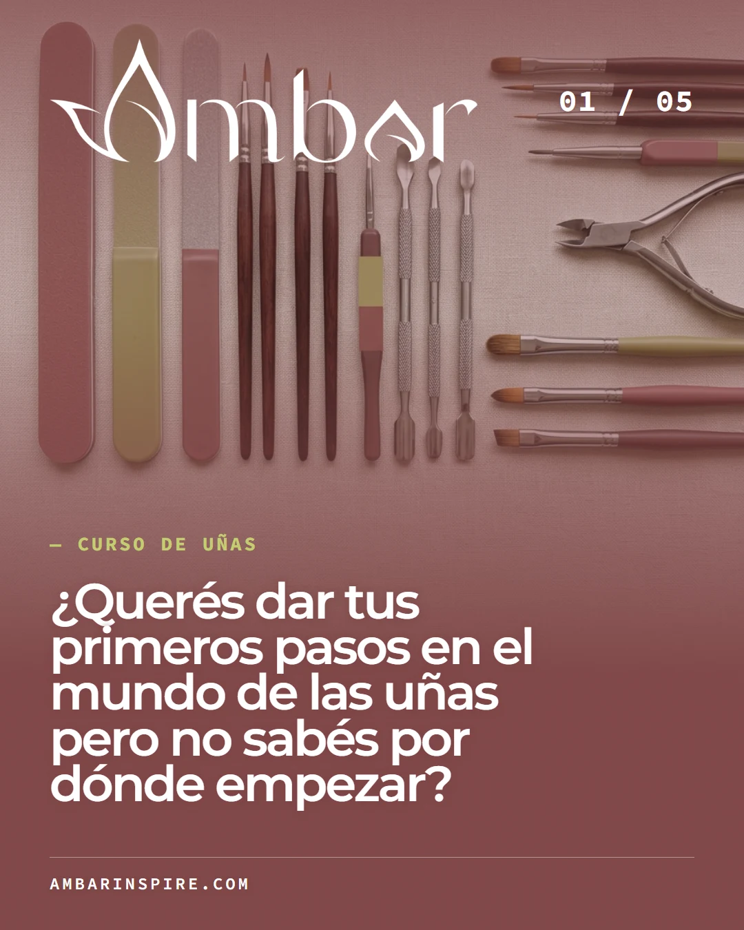 Portada de Ambar Inspire con identidad de marca y herramientas de manicura.
