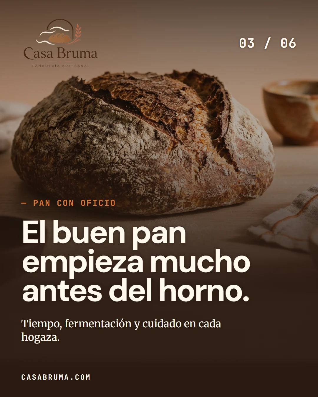 Slide de Casa Bruma con una hogaza artesanal y su identidad de marca.